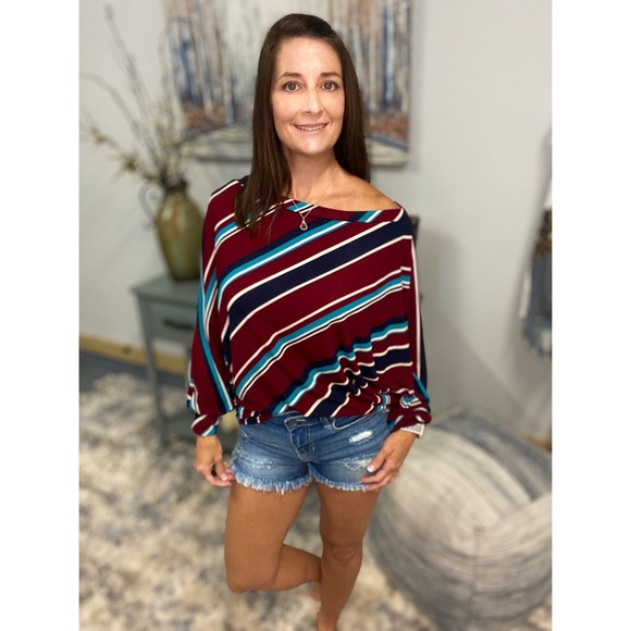 Striped Boatneck Dolman Off Shoulder Burgundy 0120 - Picture 9 of 11